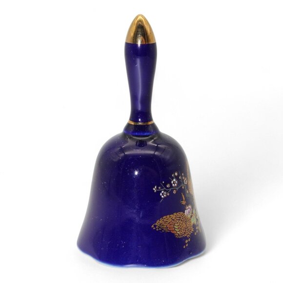 Vintage Cobalt Blue Porcelain Bell W/ Gold Trim & Peacock Design Japan #154 - Picture 4 of 5